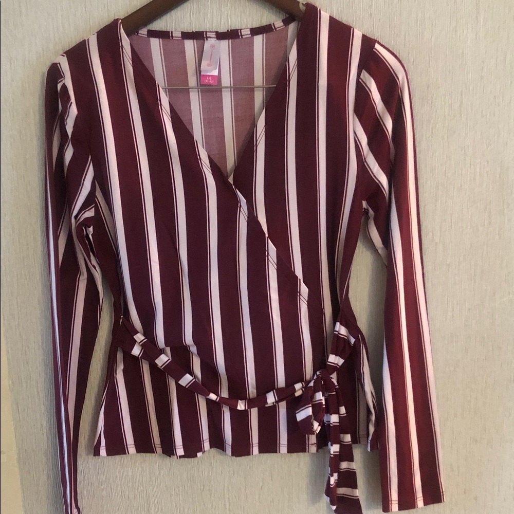 No Boundaries Burgundy and White Striped Wrap-Front Blouse